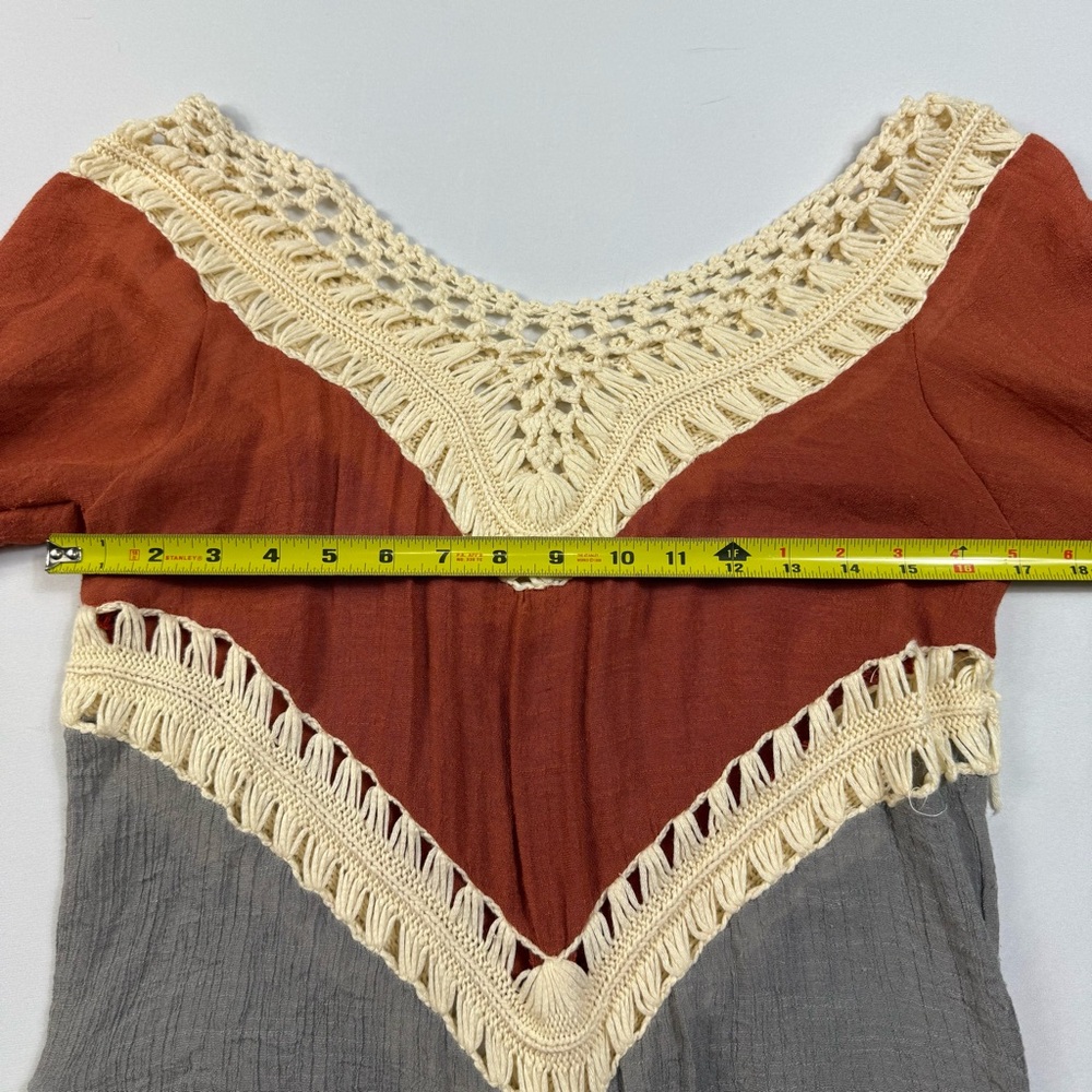 Boho Crochet Lace Tunic Top Women's Medium Rust Grey Colorblock Chevron Lace - Picture 8 of 8